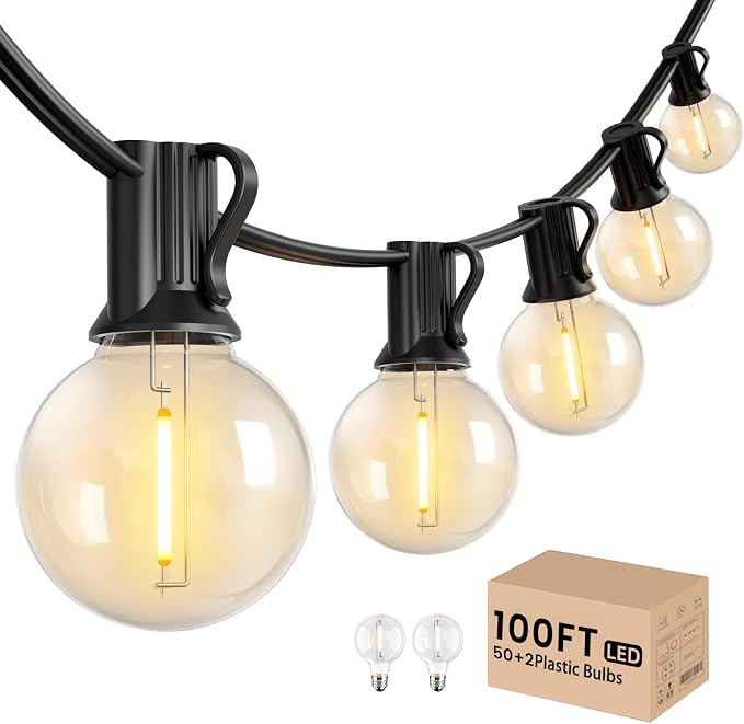 LACHON Outdoor String Lights Waterproof 100 FT with 50 G40 IP65 Bulbs | Dimmable,Connectable,Shatterproof,2700K Warm White,Perfect For Any Outdoor Space,Patio,Backyard,Cafe,Bistro,Porch,Market