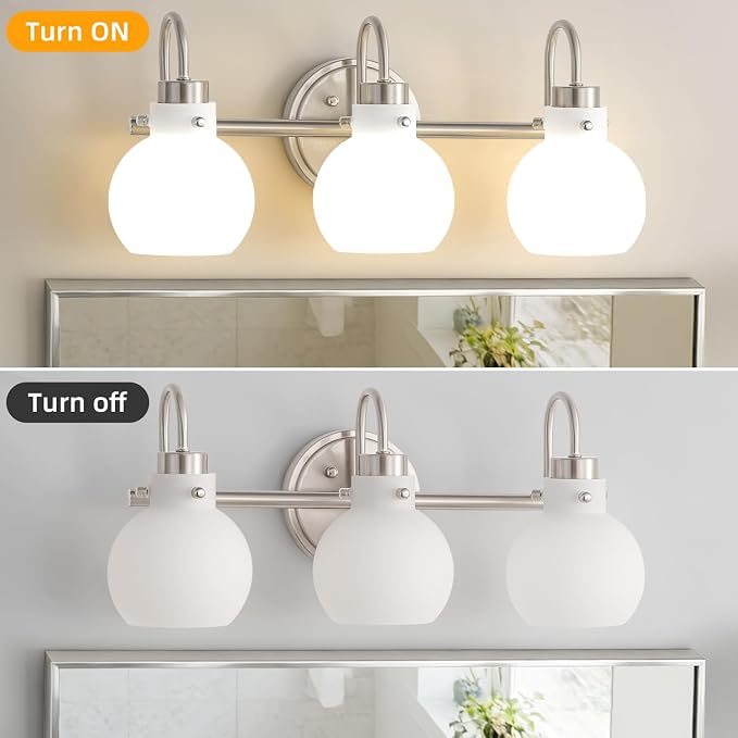 Bathroom Wall Light Fixture Brushed Nickel 3 Light Vanity Light | Wall Sconce with Milk Globe Glass Shade Bath Wall Lamp over Mirror Farmhouse Wall Mount Light for Living Room Bedroom Hallway