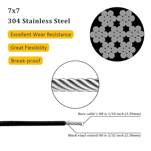 304 Stainless Steel Wire Rope Cable 3/32, Black Vinyl Coated - Outdoor Light Guide Wire for String Lights, Clotheslines - 1/16 Inch Overmolded to 3/32 Inch, 100ft