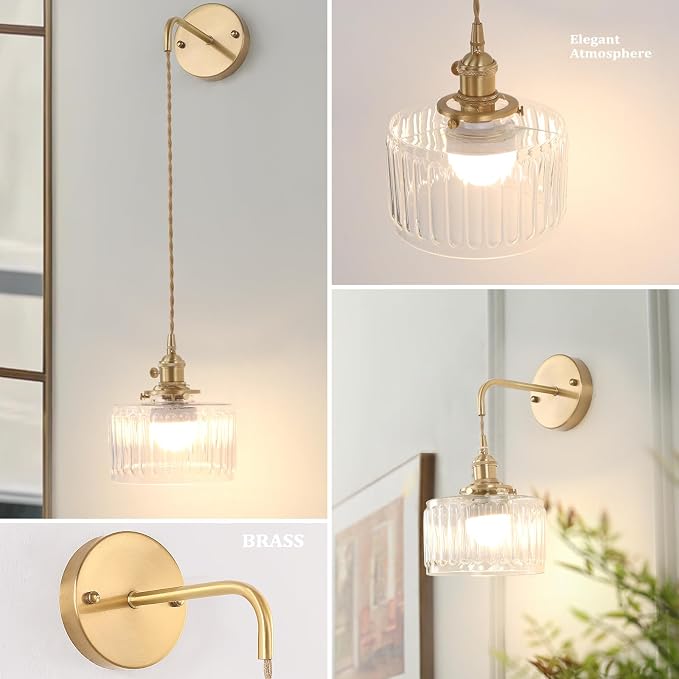 Shenmoyl Battery Operated Wall Sconce with Clear Striped Shade Pattern Glass Adjustable Chain Retro Gold Wall Mounted Light, Modern Wall Decor for Bedside Bedroom Indoor Doorway， Set of 2