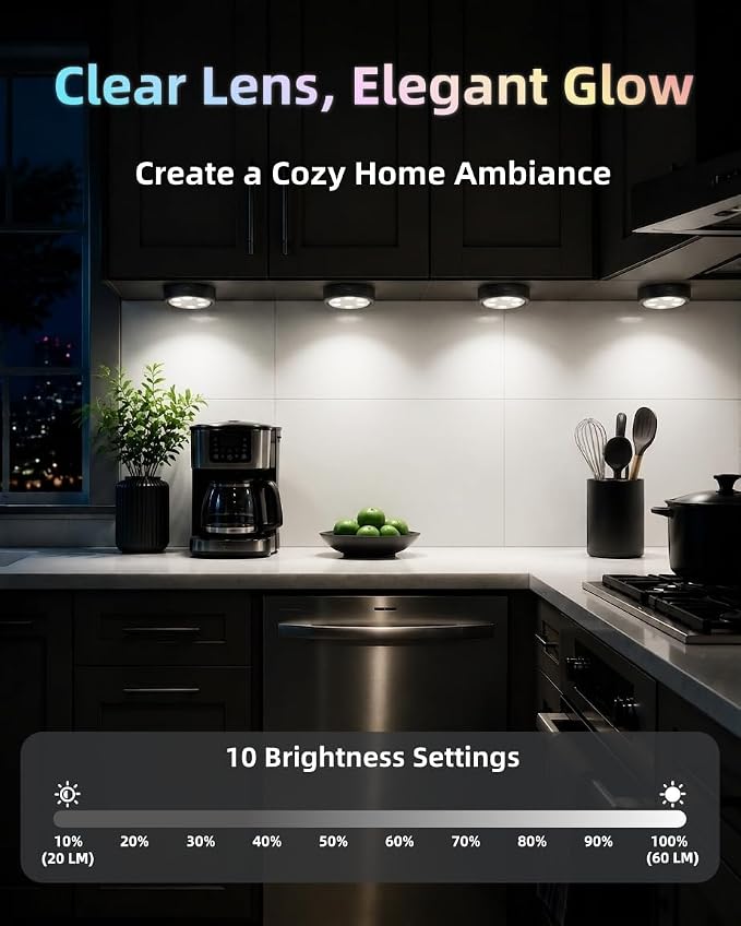 HOLKPOILOT Puck Lights with Remote, Under Cabinet Lights,2000mAh Battery Operated Closet Lights, Magnetic Under Cabinet Lighting Wireless, 3 Color Temps &7 RGB Colors, Black Rechargeable Puck Lights.