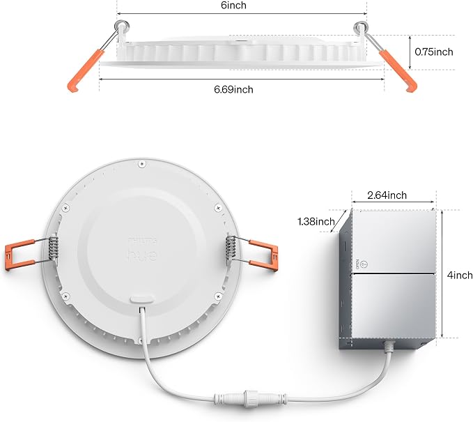 Philips Hue Slim Downlight, Recessed LED Ceiling Light, 1-Pack, White | 6-Inch, Canless Design, Full-Spectrum Daylight 1000K-20000K, 1200 Lumens, Ultra-Low Dimming, Precise Color, Smart Lighting