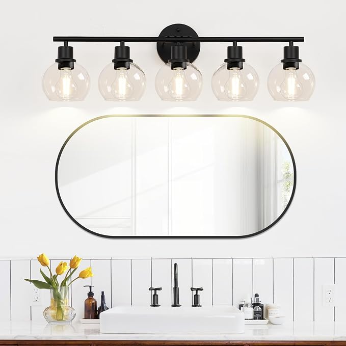5-Light Bathroom Light Fixture, Matte Black Vanity Light with Clear Glass Globe Shades, Modern Bathroom Lights Over Mirror, Wall Sconce Lighting for Bathroom, Bedroom, Hallway, Living Room, Porch