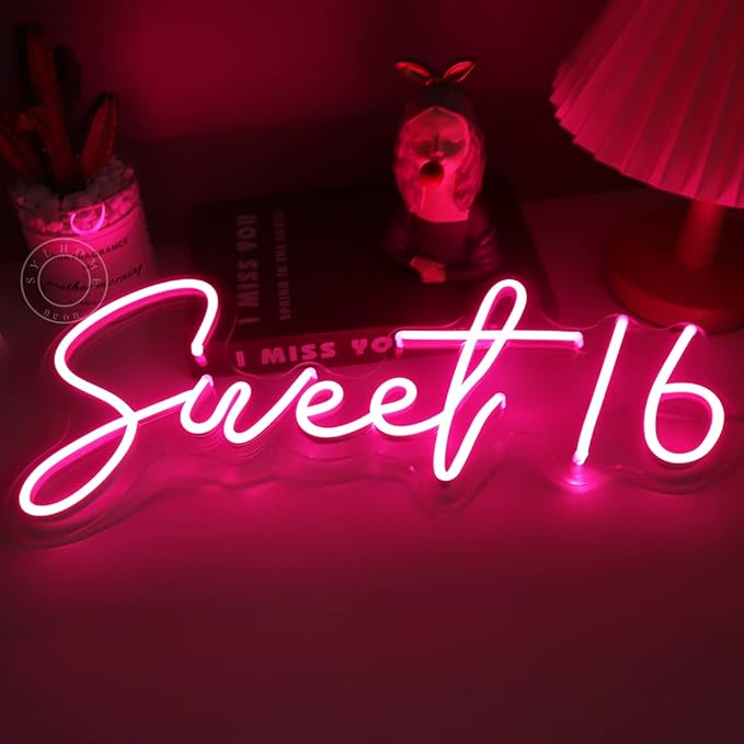 SYLHOME Pink Sweet 16 LED Neon Light Sign 17"X7.3" 5V Sweet Girls Adults Bedroom Happy Birthday Party Wall Decor Beautiful Bestie Sister USB