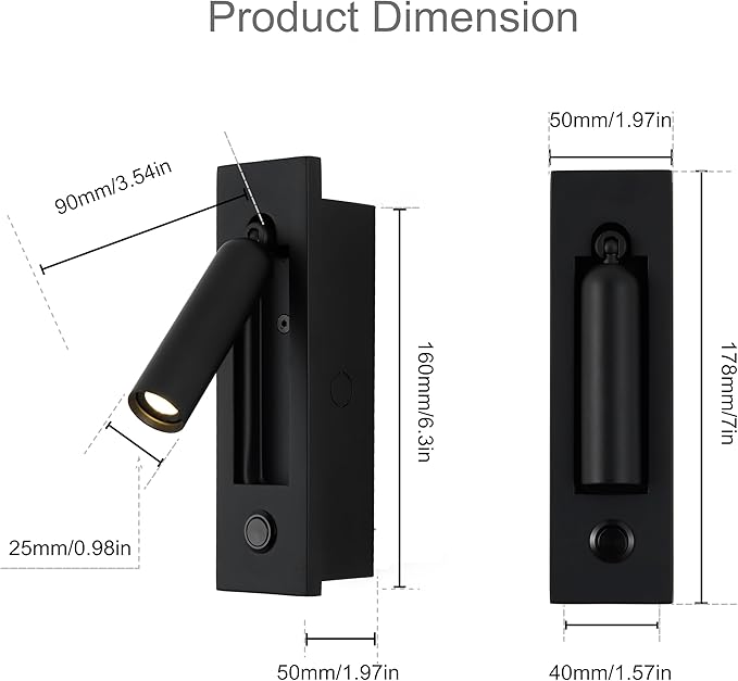 LED Bedroom Lamp Headboard Wall Light Sconce, Bedside Reading Light Recessed Push Switch Wall Lamps, Hotel Bed Side Decorative Wall Sconces Spotlight, 360° Rotatable 92° Foldable (Black)