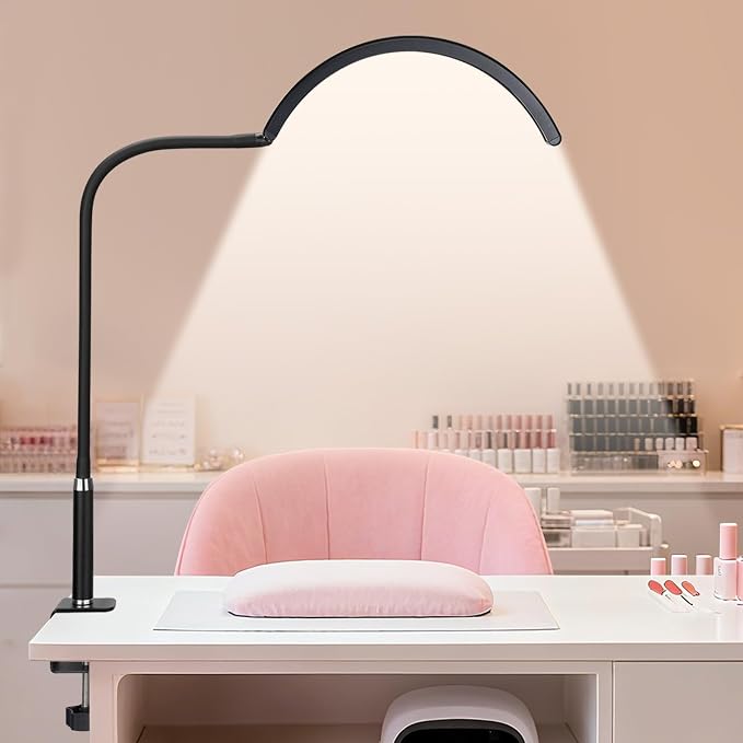 Professional Half Moon LED Desk Light for Nail Techs & Artists – Flexible Gooseneck Lamp with Clamp, 5 Color Modes & 5 Brightness Levels for Manicure, Tattoo, Beauty Work
