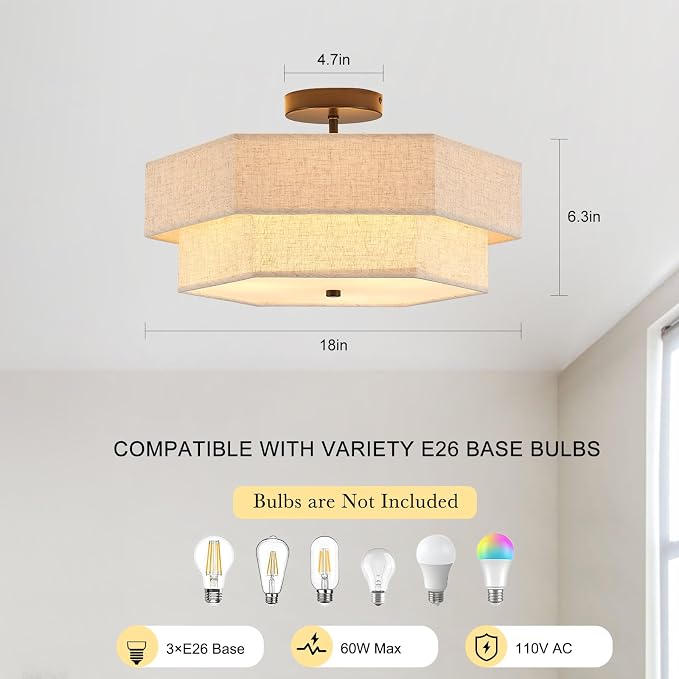18" Large Black Semi Flush Mount Ceiling Light, 3-Light Fixture | Beige Linen Double Hexagonal Shade, Modern Black Finish For Bedroom, Dining, Living, Hallway, Entryway; Close-To-Ceiling, E26
