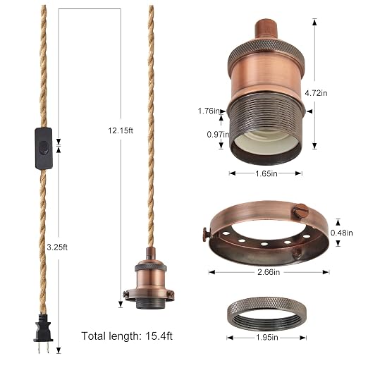 15.4ft Pendant Light Cord Kit, Industrial Vintage Plug in E26 Socket Hanging Light with Switch, Hemp Rope Hanging Light Fixture for Pendant Lamp Farmhouse Lamp Cable DIY
