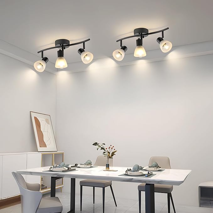 KEESFU 3 Light Track Lighting Fixtures Ceiling,Adjustable Directional Ceiling Lights with Glass Shade,Industrial Ceiling Spotlight for Kitchen Over Sink Bedroom Hallway Living Room,E12base.