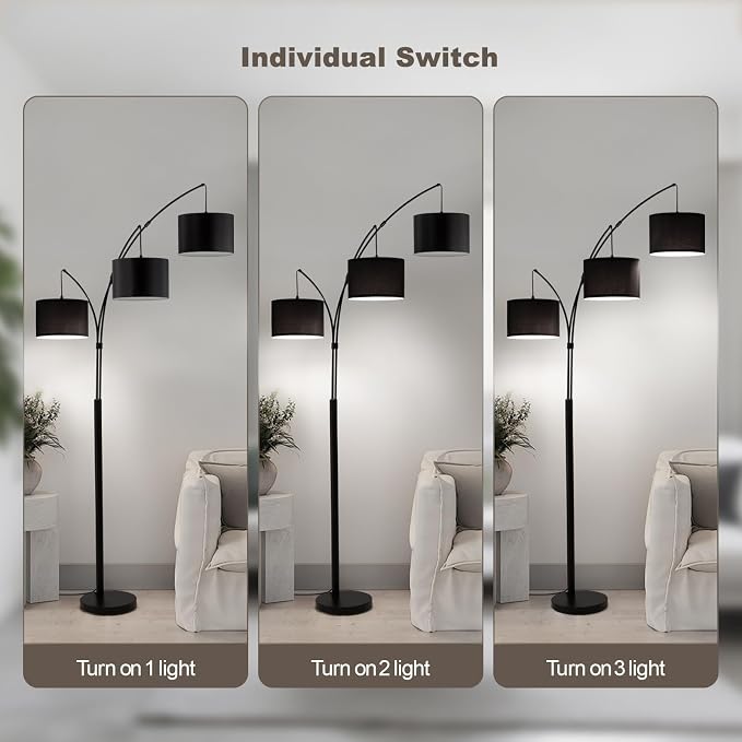 Floor lamp with Remote, 3 Light Arc Floor Lamps for Living Room, 2400LM Tall Standing Floor Lamps with Black Shades, 80" Large Floor Lamp for Bedroom, Office