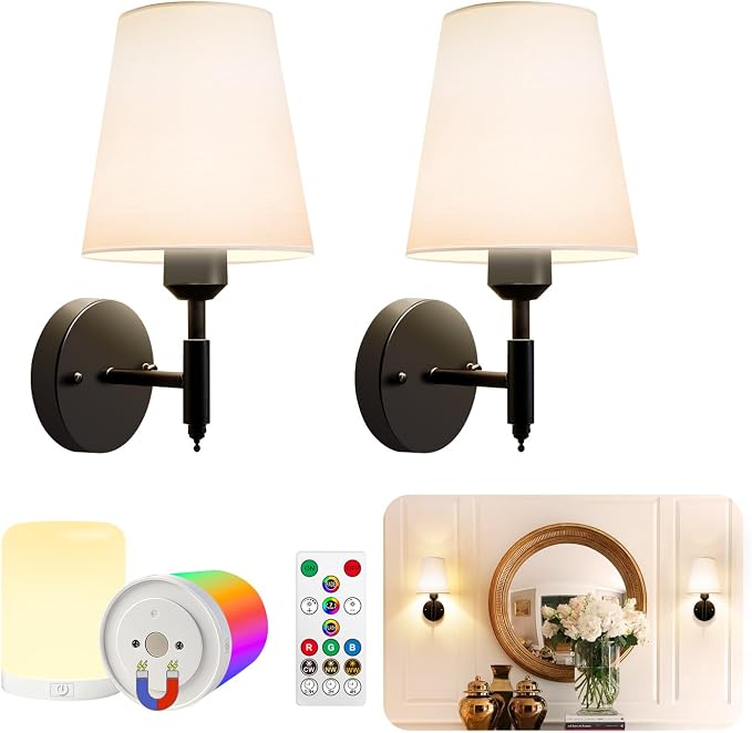 Adetu Battery Operated Wall Sconces Set of 2, Black Rechargeable Wall Lights
