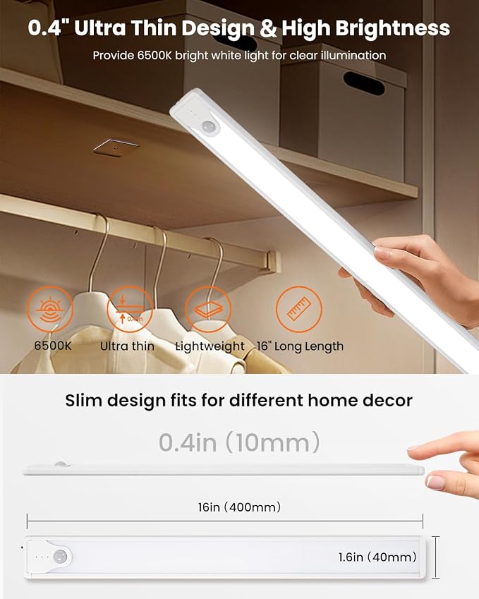 16 Inch Under Cabinet Lights, 83 LED Rechargeable Magnetic Motion Sensor Light Indoor, Brightness Dimmable 6500K Stepless Dimming Closet Light, for Under Counter, Kitchen, Stairs, Closet, 2 Packs