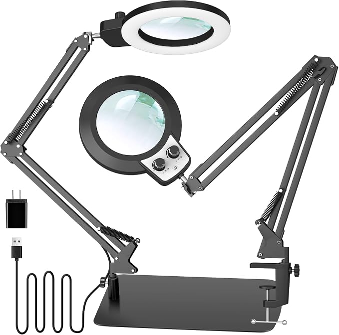 KIRKAS 12X Magnifying Glass with Light and Stand, Overhead Knob 2 in 1 | Lighted Magnifier Lamp for Workbench, Craft, Sewing, Repair, Real Glass Lens Stepless Dimming and Color (11.8IN Base & Clamp)