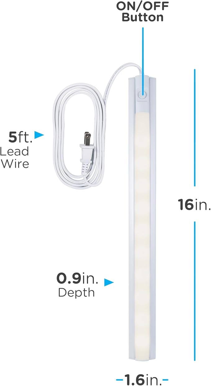 Enbrighten 16 Inch LED Premium Under Cabinet Light Fixture, Plug-in, Bright White 3000K, 384 Lumens, Plastic Housing, On/Off Switch, Perfect for Kitchen, Home Office, Garage, Workbench & More, 26535