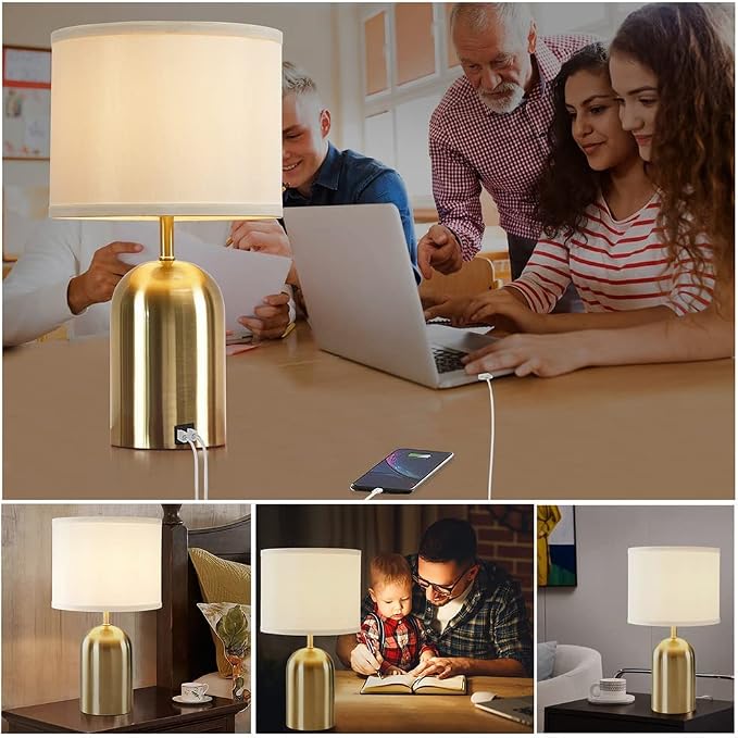Touch Control Table Lamps Set of 2, Gold Bedside Table Lamps for Bedroom Living Room Office, Modern Dimmable Desk Lamp for Nightstand with 2 USB Charging Ports, 2 Bulbs Included