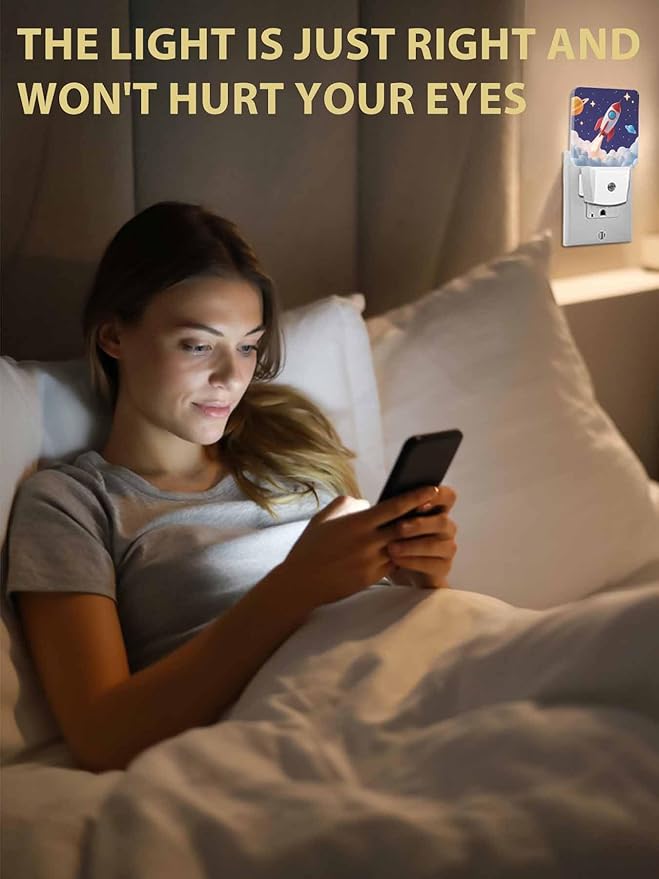 Cartoon Night Lights Plug into Wall LED Night Light Rocket Stars Space Modern Automatic Dimmable Dusk-to-Dawn Square Shaped Smart Nightlight for Bathroom/Bedroom