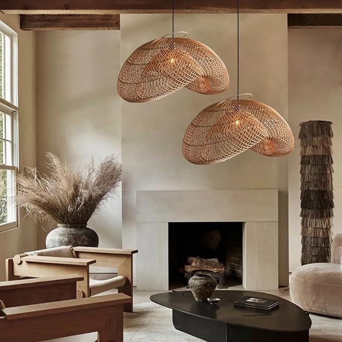 Organic Modern Bamboo Chandelier 19.7" Handmade Woven Wicker Pendant Light, Farmhouse Boho Rattan Light Fixture for Dining Room, Kitchen, Cafe, Bedroom Living Room