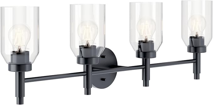 Kichler Madden 4-Light Bathroom Vanity Light, Black | Modern vanity light with clear glass for single or double bathroom mirrors (34" x 10.5"), 55186BK