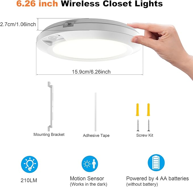LED Motion Sensor Light Indoor, Battery Operated Ceiling Light | Wireless, Stick-on Under Cabinet Closet Light No Wiring, 210LM 6000K Daylight, for Hallway Shed Pantry, 2-Pack