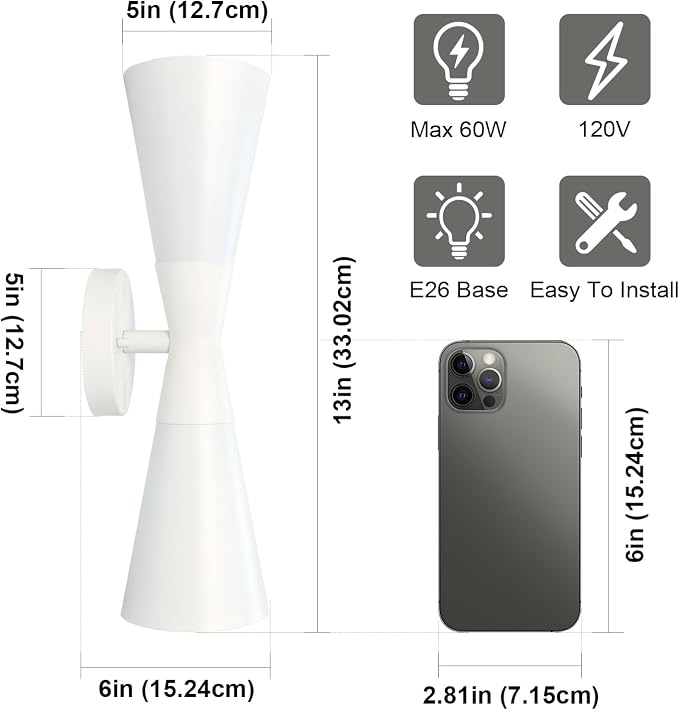 Modern Indoor Wall Sconce Up and Down White Wall Sconce Mid Century Indoor Wall Light Fixture Hardwired Wall Mounted Lamp for Living Room Bathroom Bedroom Hallway 13 Inch