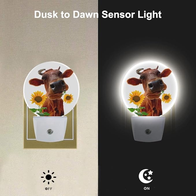 EKOBLA Yellow Cattle LED Night Light Cute Farm Animal Cattle Bite Sunflower Dusk to Dawn Plug-in Nightlights Auto Sensor for Home Indoor Bathroom Hallway Kitchen