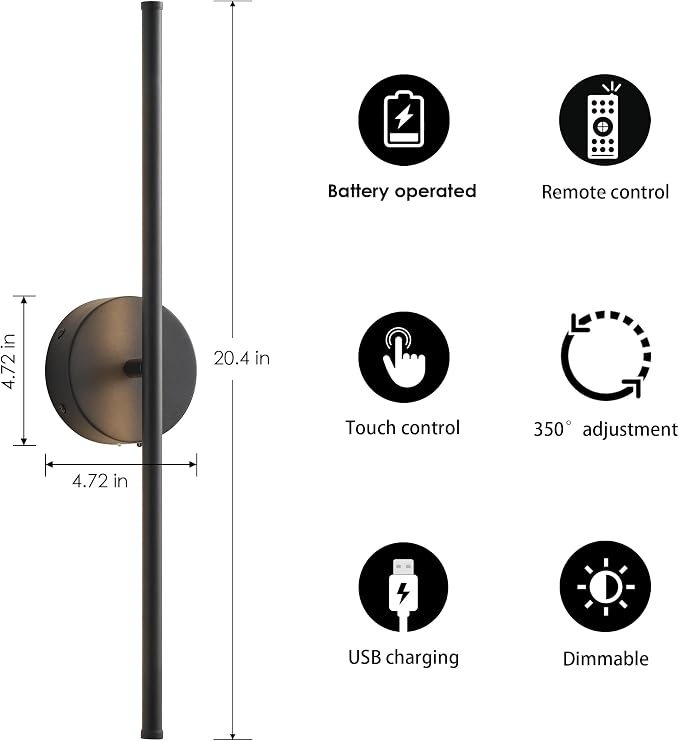 KARTOOSH Battery Operated Wall Sconces Set of Two Wireless Wall Lights | Rechargeable Wall Sconce with Remote 350°Rotate Dimmable 3000K LED Wall Lamp for Living Room, Bedroom