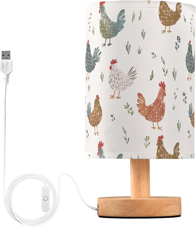 Cute&Simple Deigned Chicken Hen Bedside Table Lamps with USB Port for Bedroom Lamp Accent Table Lamp Small Nightstand Lamp Sturdy Linen Shade Wooden Base Decorative Lamps for Kids|Reading|Dorm|Home