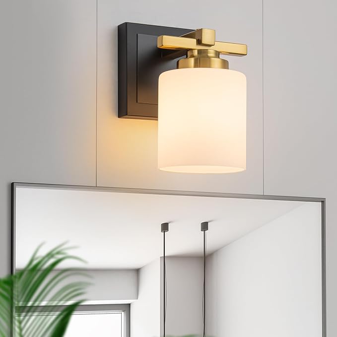 Modern Bathroom Light Fixtures Over Mirror, Vanity Lights for Bathroom Wall Sconces with Milky White Glass Shades, E26 Socket (Bulbs Not Included), 1 Light, Black Gold