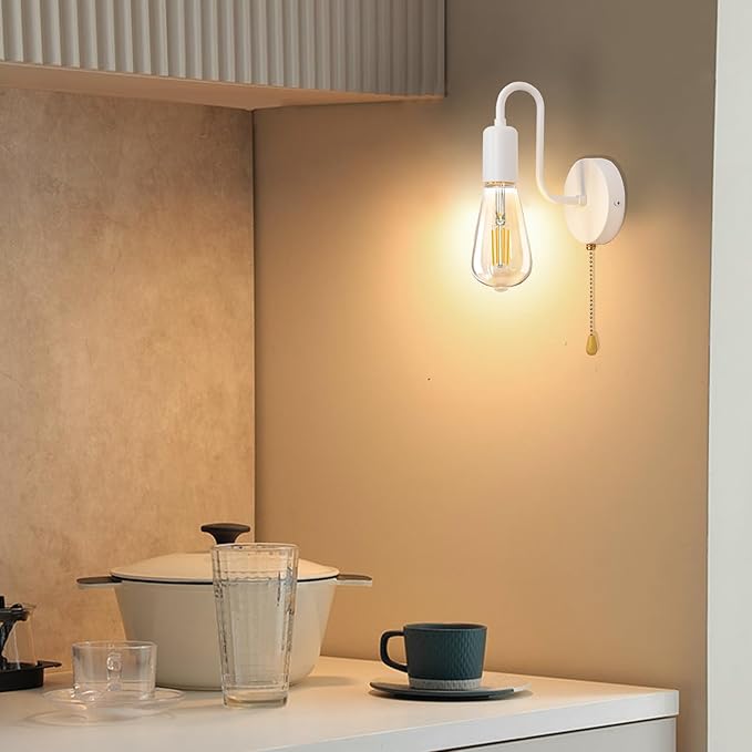 Hardwired Pull Chain Wall Sconce White, 1-Light Wall Light Fixture with On Off Switch, Small Vintage Metal Wall Lamp Indoor for Bedroom Kitchen, Bulb Not Included