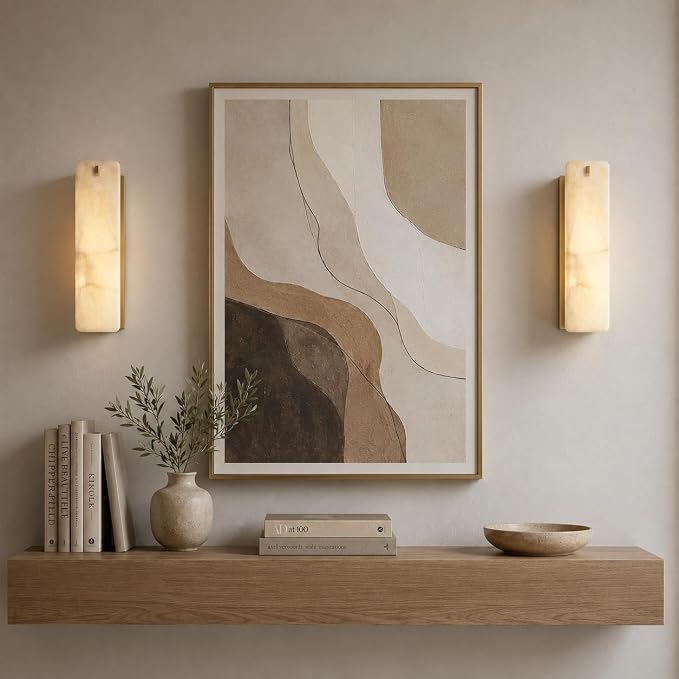 Rectangular Alabaster Wall Sconce 16 Inch, Natural Spanish Stone Brass Gold Wall Light, Modern Marble Sconces Dimmable E12 Hardwired Bathroom Vanity Light Fixture for Mirror, Bedroom, Hallway(1 Pcs)