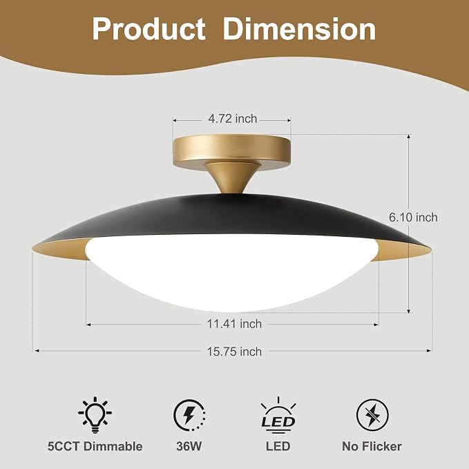 Dimmable Modern Mid-Century LED Ceiling Light, Black and Gold, 15.7 Inch | Semi Flush Mount Ceiling Light, 5CCT 2700K-6000K Lighting Fixtures with Glass Shade for Bedroom Kitchen Living Room