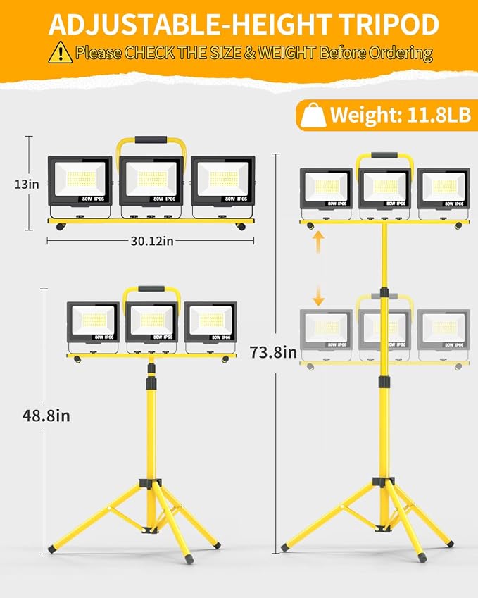 26400LM Work Lights with Stand, Adjustable IP66 for Constructio Job Sites | 3 Adjustable Head Portable Worklight with 26FT Cord Switch and Foldable Tripod, Waterproof 5000K for Outdoor Workshops Garage