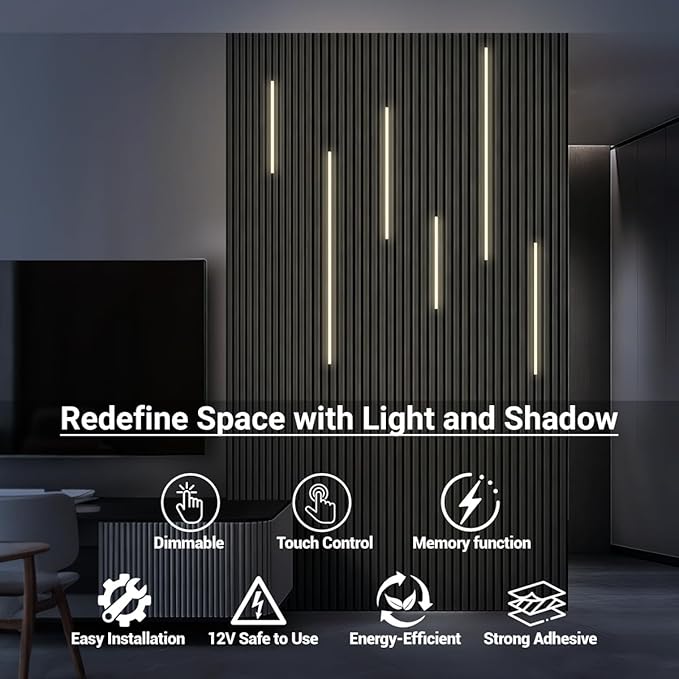 HAMRVL Black LED Recessed Lighing Wall Panel Lights, 6PCS DC12V Natural White 4000K Slat Wall Lights with Touch Control,Self-Adhesive Dimmable Wall LED Lights for Wood Slat Wall Panels, Under Cabinets