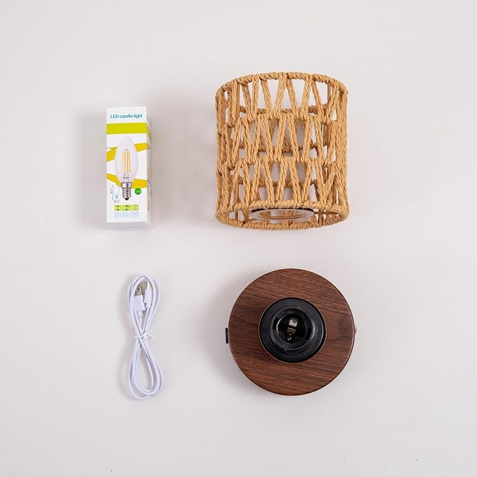 Cordless Operated Rattan Lamp, 5000mAh Rechargeable Dimmable Handwoven Open Weave Drum Table Lamp with Edison Bulb, Boho Nightstand Light for Bedroom Home Decor
