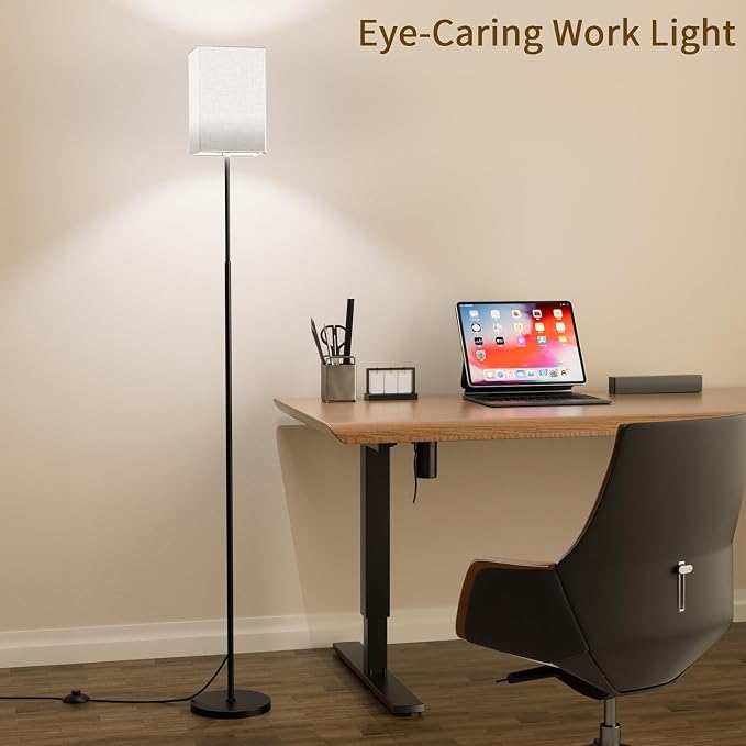 63.8" Square Floor Lamp with White Linen Shade | Dimmable Standing Lamp, Remote & Foot Switch, 3 Color Temperatures, 9W LED Bulb Included, for Living Room, Bedroom & Office