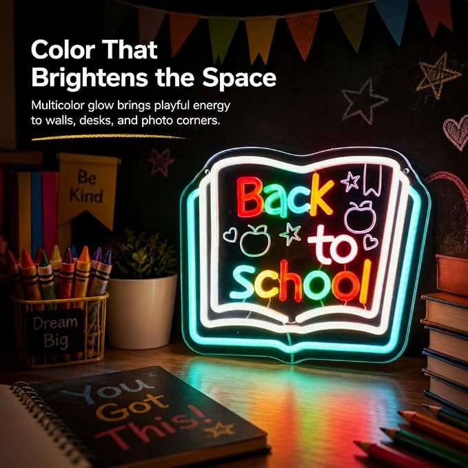 Back to School Neon Sign, Classroom LED, 13.8" x 11"IN | Chalkboard Style, Typography with Apple & Stars, Study Room Decor, For Kids & Teachers