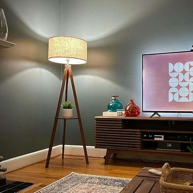 LEPOWER Shelf Floor Lamp Tripod Mid Century Modern Lamps for Living Room | Light-Diffusing Linen Shade, Premium Rubberwood, E26 Base, Foot Switch, Adding Warmth to Bedroom, Office & Study Corner Brown