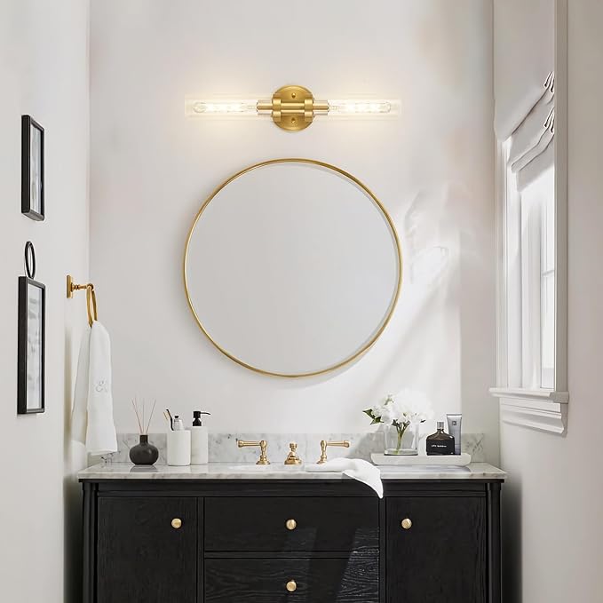 Hardwired Wall Sconces Set of 2, Brushed Gold Bathroom Wall Sconces Vanity Light Fixture with Clear Glass, Modern Farmhouse Wall Lights for Bathroom Mirror Living Room Hallway Kitchen