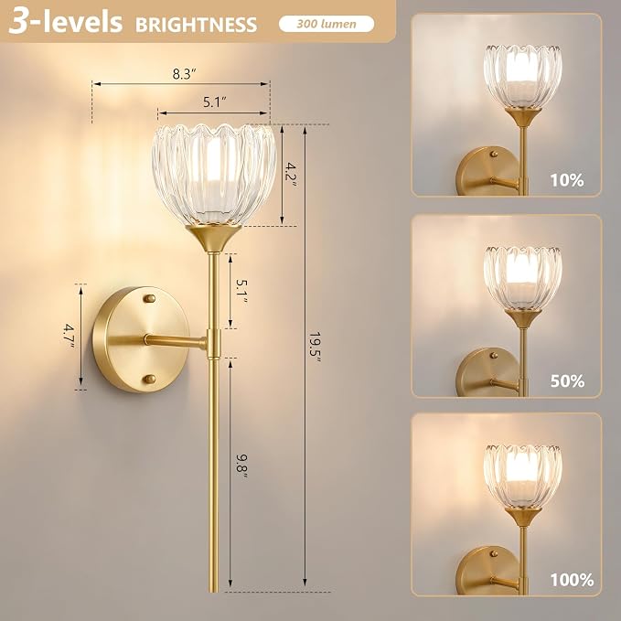 Vintage Battery Operated Wall Sconce Set of 2, Clear Tulip Glass Lampshade Wireless 5300 mAh Rechargeable Battery Powered LED Wall Light with Remote Dimmable for Bedroom Bathroom Living Room