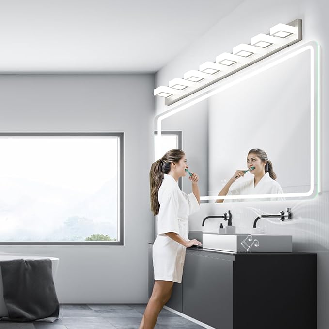 Ralbay 52inch Brushed Nickel Vanity Lights 8 Lights Dimmable 5 Color Temperature Acrylic Modern LED Bathroom Vanity Lighting Fixtures Brushed Nickel