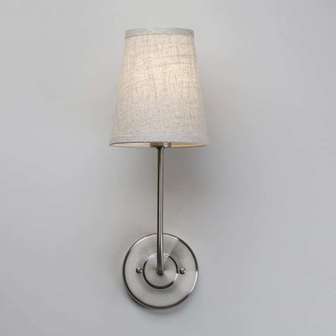 Single Classic Rustic Industrial Wall Sconce Light Fixture with Flared Funnel Linen Fabric Shade Nightstand Lamps for Bedrooms Bedside Reading (Brushed)