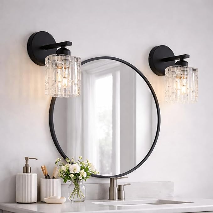 2-Pack 1-Light Modern Matte Black Crystal Wall Sconces, Hardwired Indoor Bathroom Vanity Light Fixtures, Crystal Over Mirror Lamps for Living Room, Bedroom, Hallway