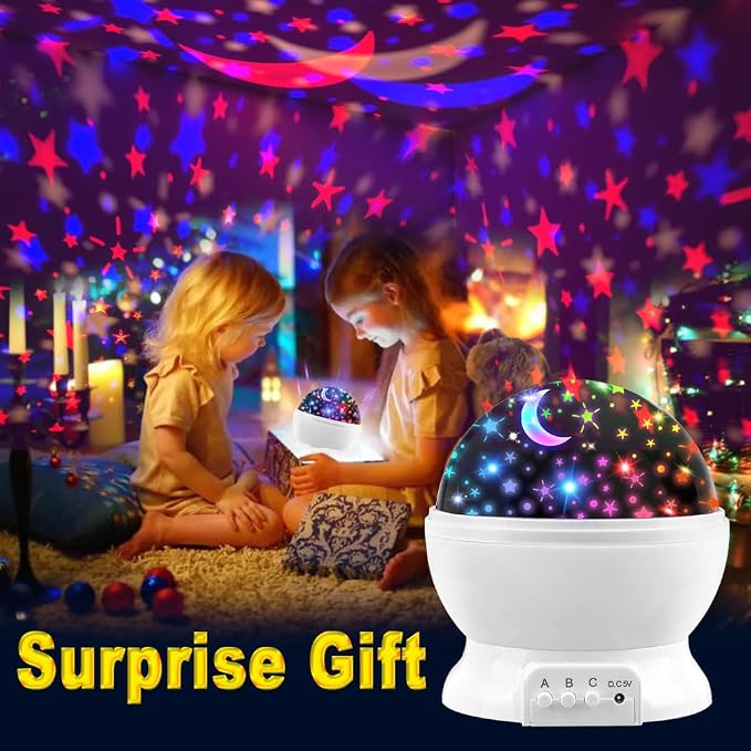 Night Light Projector,USB or Battery Operated lamp Portable Light,Color Changing Lights for Bedroom Kids Night Light,Room Decorations Rotating Star and Moon Ceiling Projector.（White）