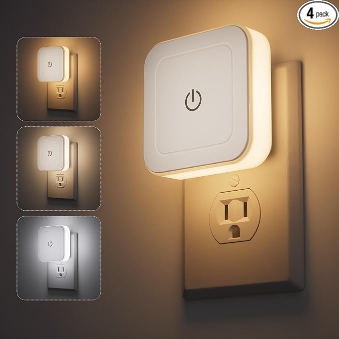 Sujeet Night Light, 4 Pack 1-50LM Stepless Dimming LED Night Light with 3CCT (3000K/4500K/6500K), Night Lights Plug into Wall for Adults, Bedroom, Bathroom, Hallway, Kitchen, Kids, No Light Sensor