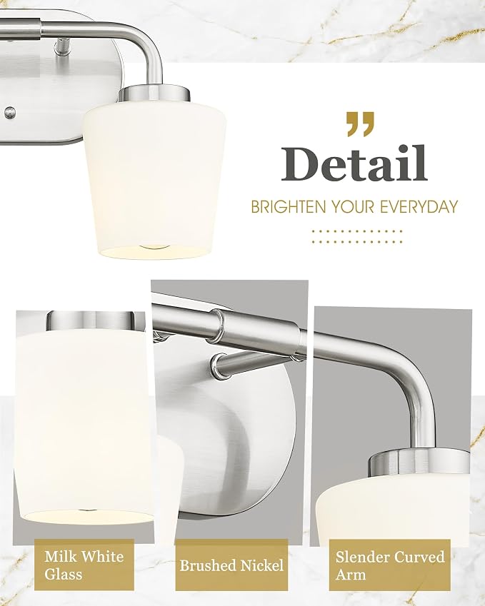 2-Light Bathroom Light Fixtures Over Mirror, Brushed Nickel | Vanity Lighting Fixtures with Milk White Glass, Vintage Farmhouse Wall Sconces Lighting, AD-22004-2W-SN