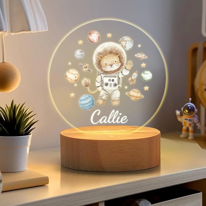 Custom Animal Astronauts Night Light, Personalized Cute LED Light for Kids with Name and Wooden Base Nursery Decor
