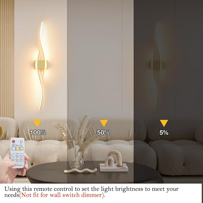 Modern Wall Sconces Set of 2, Dimmable LED with Remote Control, Gold Indoor Wall Sconce, Hard Wired Wall Lights for Living Room, LED Wall Decor for Hallway, Bedroom, 40.5"in, 3 Color, Timer, Memory