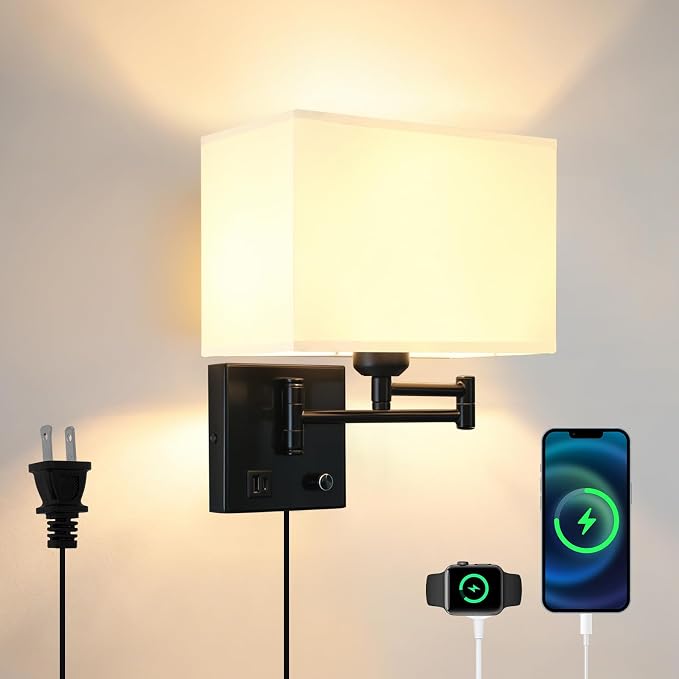 Plug in Wall Lamp for Living Room Bedroom Bedside, Bulb Included | Wall Sconce with USB C+A Charging Ports, Adjustable Swing Arm 270°, Adjustable Color Temperature, White Square Lampshade