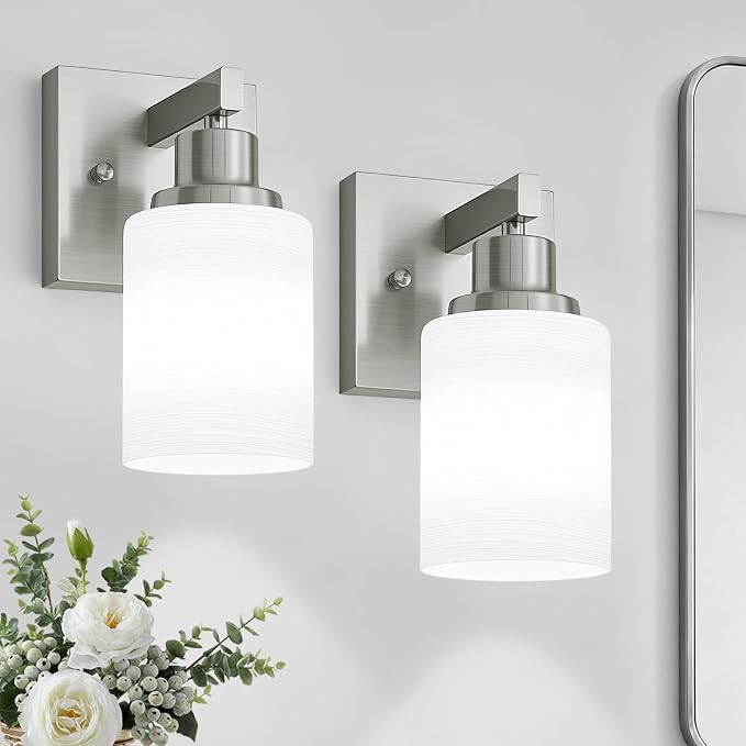 Bathroom Wall Sconces Set of 2,Brushed Nickel Wall Sconce,Vanity Light with White Glass Shade Wall Mounted Light Fixture,Farmhouse Wall Lamp for Bedroom Living Room Mirror Hallway