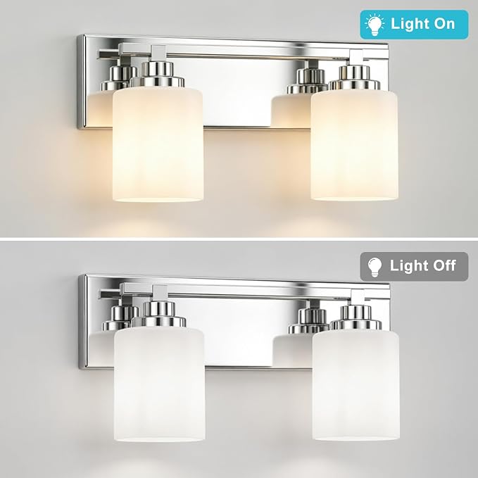 Modern Bathroom Lighting Fixtures Over Mirror, Vanity Lights for Bathroom, Wall Sconces with Milky White Glass Shades, E26 Ceramic Socket, 2-Light 14-inch Chrome